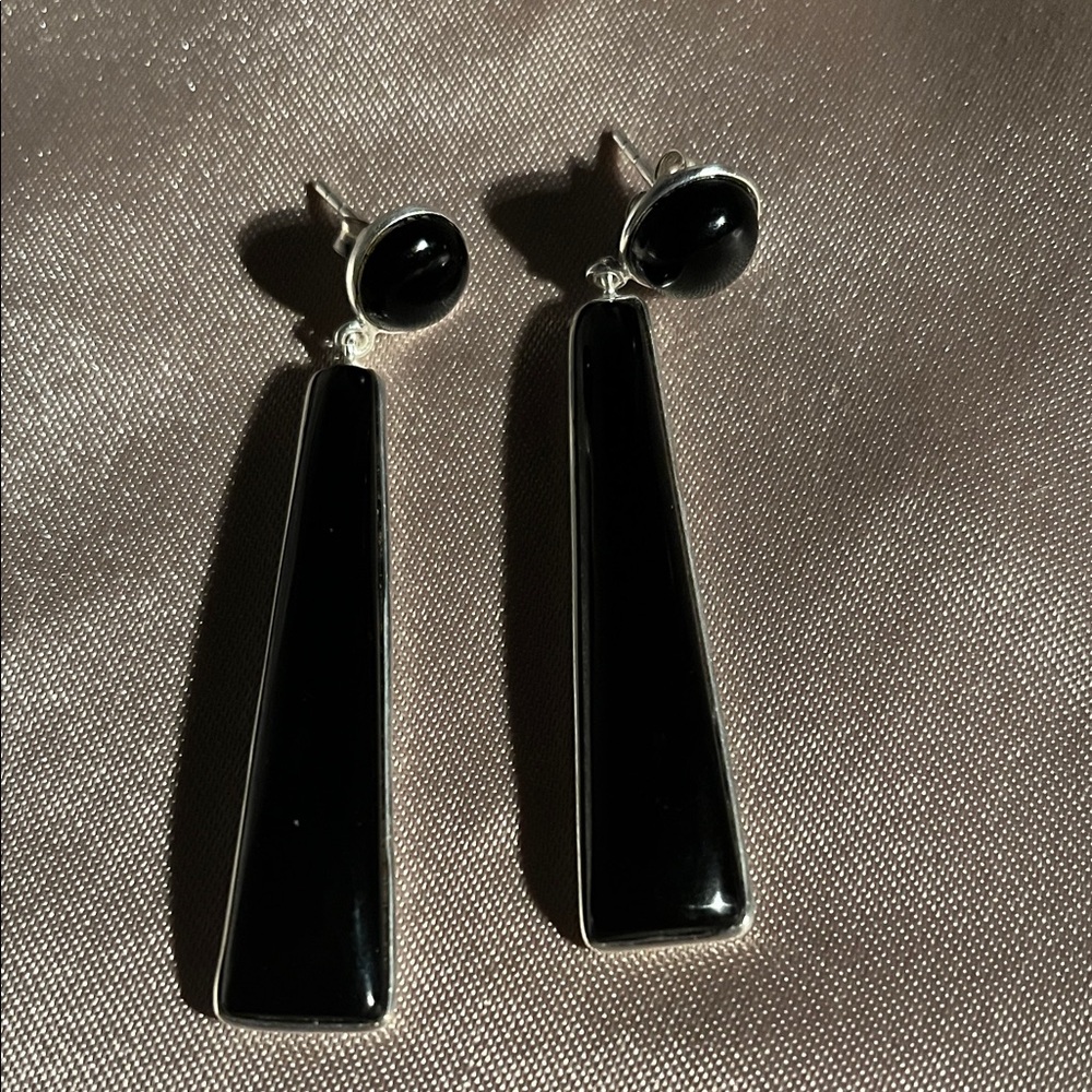 Black Onyx and Silver Pierced Earrings - Picture 2 of 5